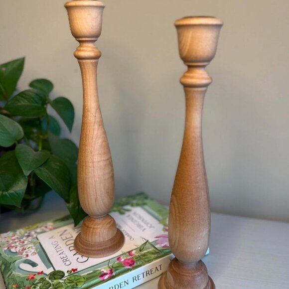 Other - Set of 2 Wood Taper Candle Holders with Brass Inserts | Coastal Grandma Cottagec